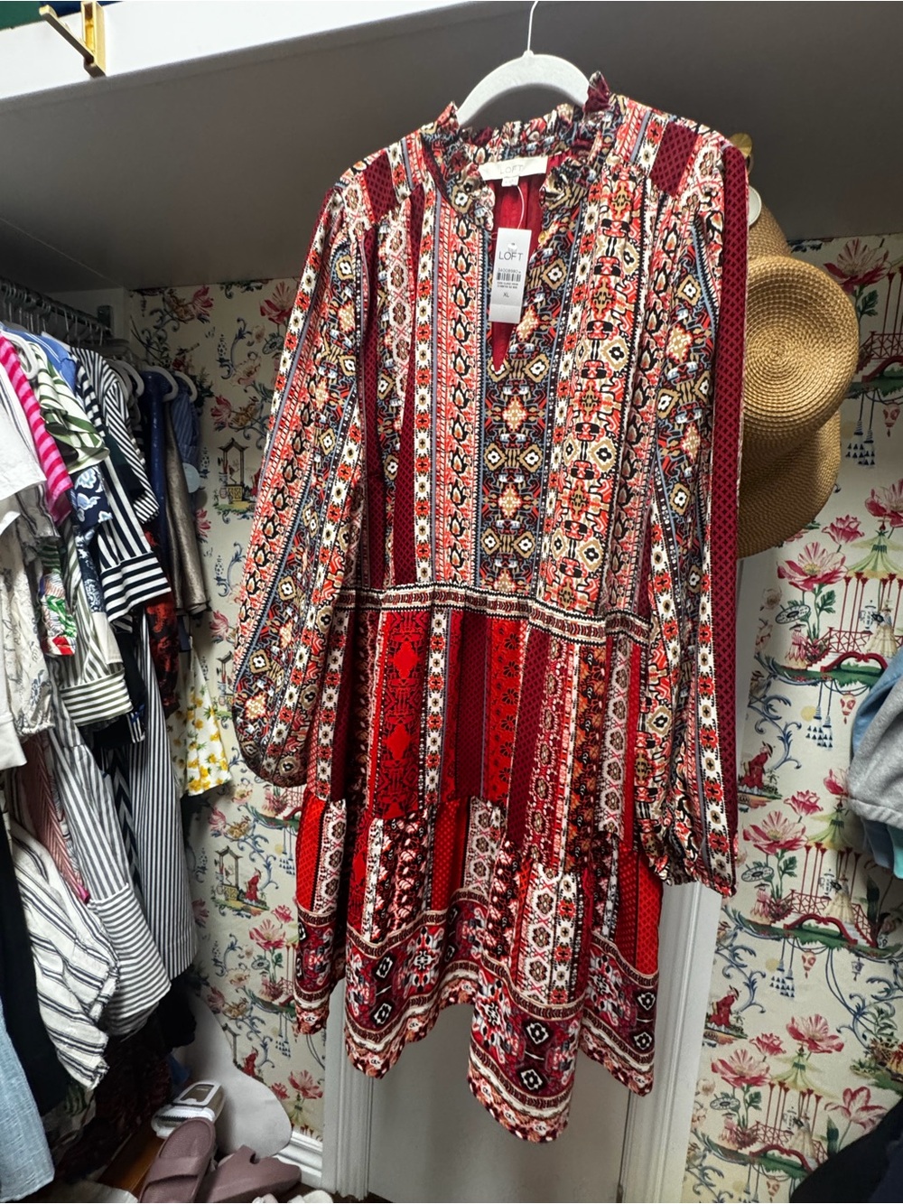 LOFT Red Multi-Pattern Long-Sleeve Tiered Dress - Picture 7 of 11